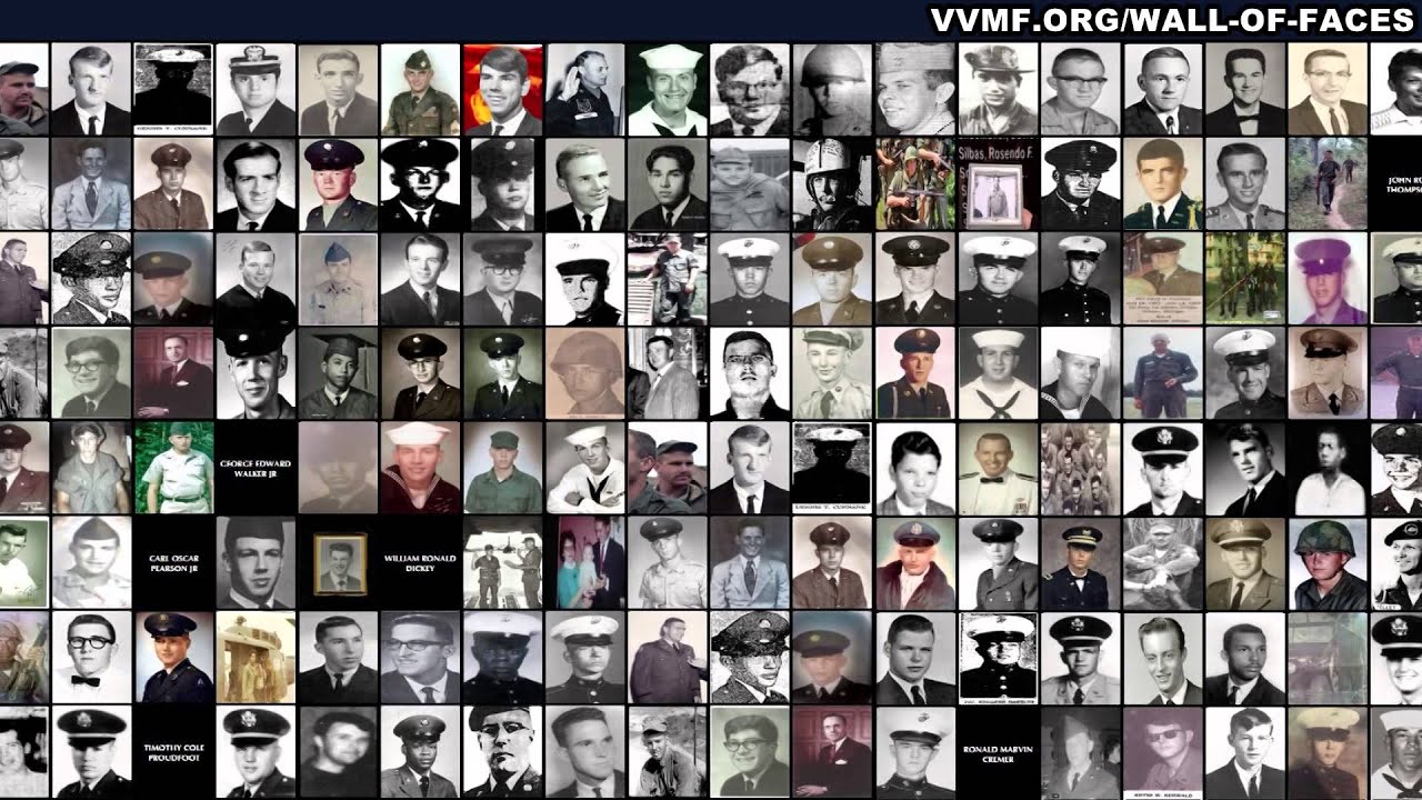 Wall of veterans' portraits from The Great Photo Search